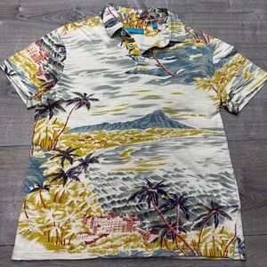 Tori Richard Polo Shirt Mens Small White Blue Tropical Palm Tree Cotton S/S